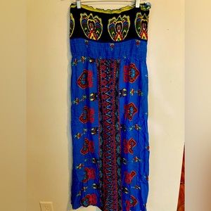 Bohemian Angie smocked strapless dress L large blue beach coverup